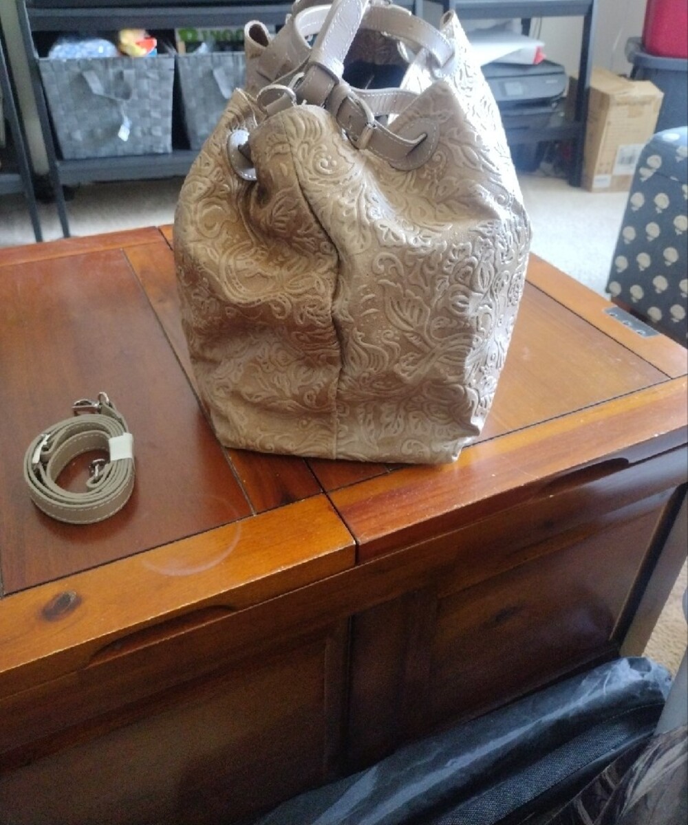 Isadora Italian Leather Embossed Floral Tote Handbag - Beige - Picture 3 of 11